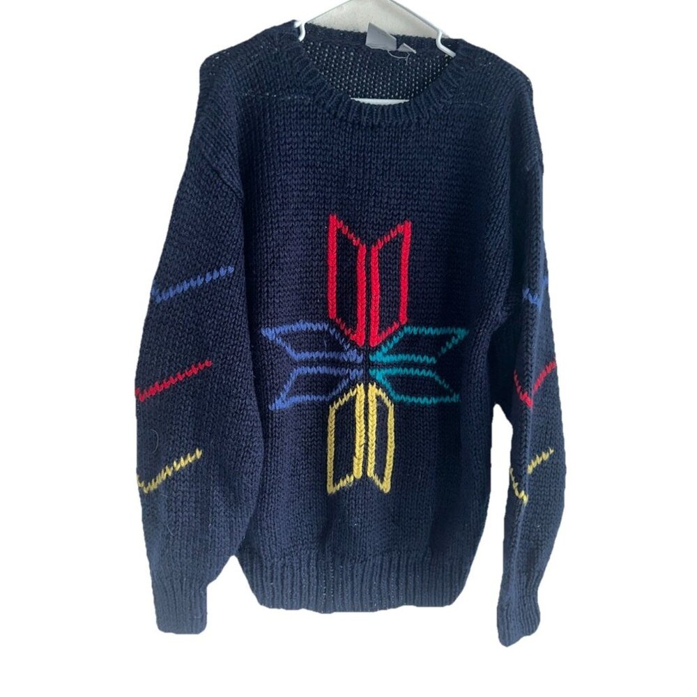 VTG 80s Bay Club Mens Sweater Sz L Navy Multicolor Geometric Grandpa Acrylic